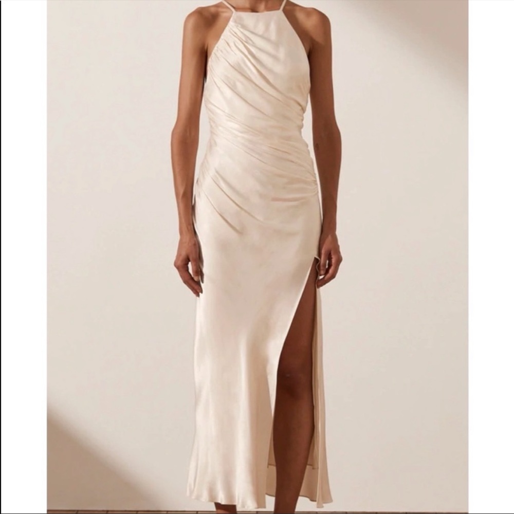 SHONA JOY LA LUNE GATHERED SQUARE NECK BIAS MIDI DRESS - CREAM NWT